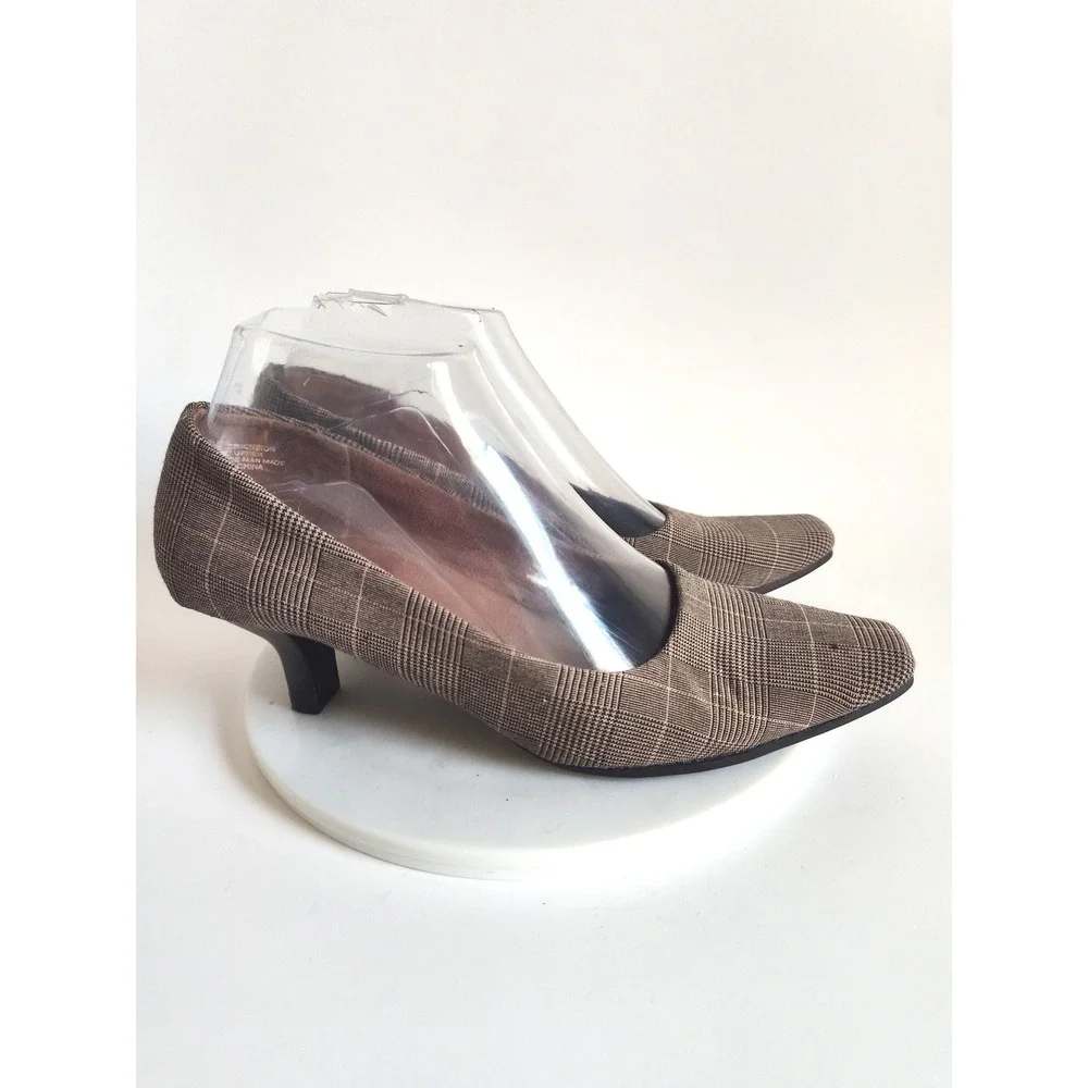 Aerosoles Pumps 6.5 Kitten Heel Square Toe Vintage Brown Plaid Office Academia
